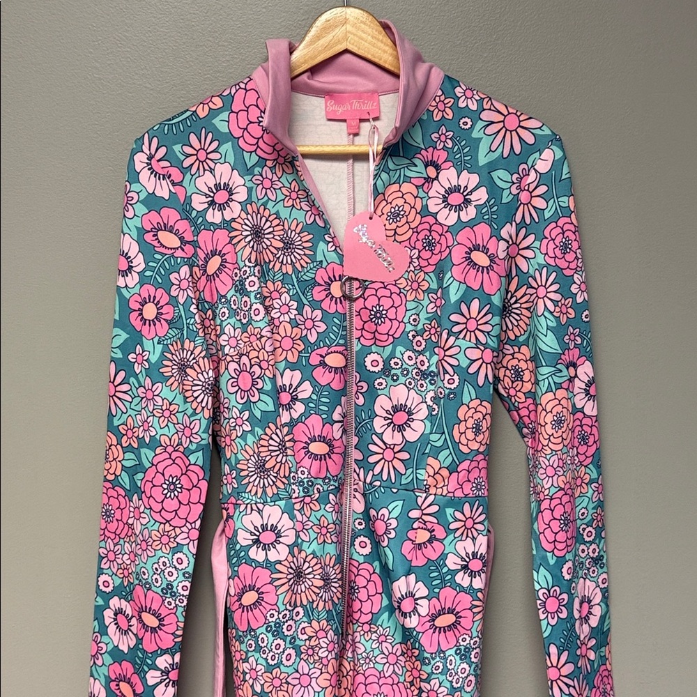 Sugar Thrillz Floral Zip Front Bodysuit NWT Size M Pink Blue - Picture 2 of 5
